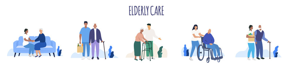 Elderly care. Old people. Aged seniors nurse care. Seniors. Vector - obrazy, fototapety, plakaty