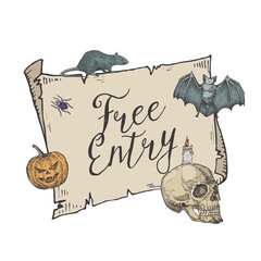 Happy Halloween Free Entry Vector Banner Template. Hand Drawn Scroll Paper Background, Scull, Rat, Pumpkin and Bat Sketch Illustrations. Holiday Decorative Card.