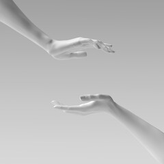 Two female hand sculptures giving, showing some product, isolated on white. Mannequin hands presenting gesture 3d illustration.