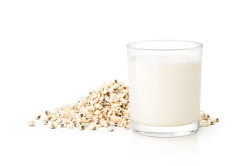 Glass of Job's tears ( Adlay millet) cereal beverage with seeds isolated on white background