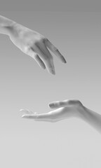 Abstract beautiful woman's white hand sculpture. Palm up showing and presenting gesture, mannequin arm 3d rendering