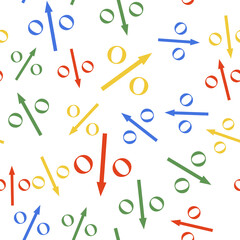 Color Percent down arrow icon isolated seamless pattern on white background. Decreasing percentage sign. Vector.