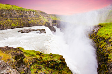 Gullfoss waterfall on the Golden Circle route, a popular tourist attraction in Iceland.