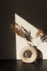 Dry pampas grass / reed in stylish vase. Shadows on the wall. Silhouette in sun light. Minimal interior decoration concept.