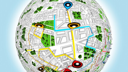 Localization, Gps Navigation, Path Finding in the City. Routing. Glassy, Refractive Buildings. Spherical Camera 3d Rendering - Fish Eye.