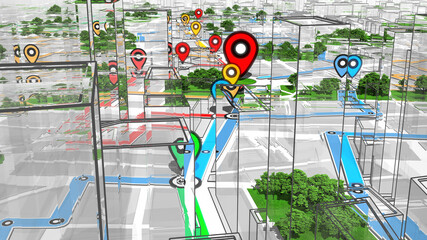 Localization, GPS Navigation, Path Finding in the City. Routing. 3D Illustration.