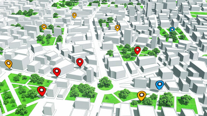 Geotargeting, Map GPS Localization. Pin Navigation Icons on the City Map. 3D Illustration. - obrazy, fototapety, plakaty