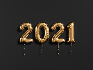 New year 2021 gold and black. Gold foil balloons numeral 2021 isolated on black background. 3D rendering