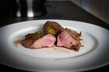 ready to eat, grilled game meat from the red deer calf