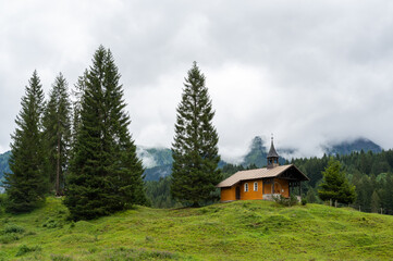 Fototapeta na wymiar A Brother Klaus chapel in Hirschegg Austria. Auistrian Alps.