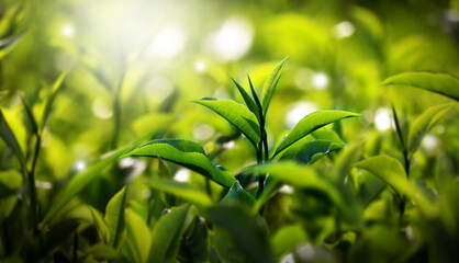 Fototapeta na wymiar Fresh green tea buds and leaves from a tea garden at India