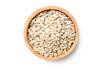 Flat lay (top view) of Job's tears ( Adlay millet) in wooden bowl isolated on white background. Clipping path.