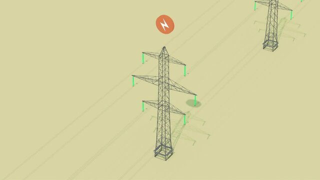 Electricity symbol over transmission tower or pylon as 3D animation