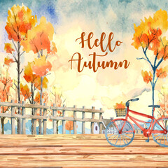 Autumn watercolor painting with many orange trees with a red bike on the wooden bridge on the front. 