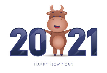 Merry christmas and happy new year 2021 greeting card with bull.