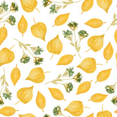 Obraz premium Seamless hand drawn watercolor pattern with green yellow wild herbs leaves in wood woodland forest. Organic natural plants, floral botanical design for wallpapers textile wrapping paper. Fall autumn.