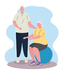 cute old couple practicing exercise vector illustration design