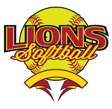 Lions Softball Design With Banner and Ball is a team design template that includes a softball graphic, overlaying text and a blank banner with space for your own information. Great for advertising.