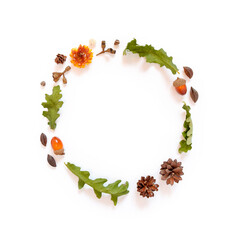 Autumn composition. Wreath from dry flowers, leaves, plants and herbs isolated on white background. Seasonal autumn concept. Flat lay, top view, copy space.
