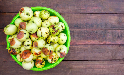 Rotten apples lie in a plastic bowl on a wooden table.