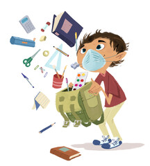 Student boy with mask and school supplies
