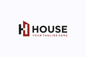 House Logo. Black and Red Geometric House Symbol Linked with Cutout Style Initial Letter H isolated on White Background. Usable for Construction Architecture Building Logo Design Template Element.