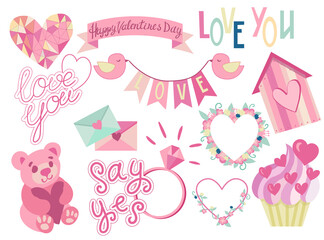 Valentines Day set of hearts, teddy bear, birdhouse, ring, cupcake, letters and birds with lettering isolated on white background. Vector illustration.