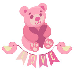 Valentines Day pink teddy bear  and love sign with birds. Isolated on white background vector illustration.