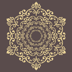 Oriental pattern with arabesques and floral elements. Traditional classic round golden ornament. Vintage pattern with arabesques