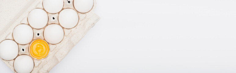 top view of fresh chicken eggs and yolk in cardboard box isolated on white, panoramic shot