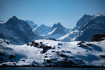 Fototapeta na wymiar Blue beautiful mountains in Lofoten in Norway