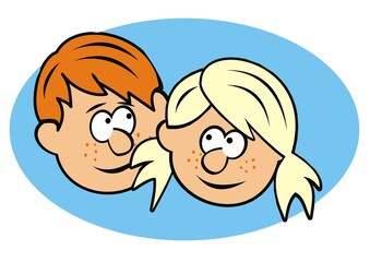 Two children, boy and girl, vector illustration on blue frame