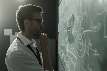 Young smart mathematician drawing on the chalkboard - obrazy, fototapety, plakaty