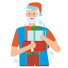 Christmas half-aged man with beard in red cap holding gifts in hands, flat vector stock illustration with character as symbol of christmas