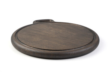 Wooden round cutting Board made of oak material, painted in a dark color, isolated on a white background. Object to use in the design. The concept of cooking.