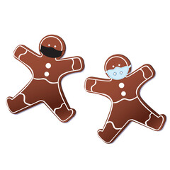 Gingerbread men in medical masks isolated on white background, looking vector stock illustration with christmas gingerbread