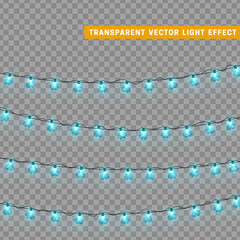 Christmas lights garlands. Festive design elements. Celebrate realistic object. Holiday Xmas Decor. New Year light effects isolated. Vector illustration.