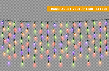 Fototapeta premium Christmas lights garlands. Festive design elements. Celebrate realistic object. Holiday Xmas Decor. New Year light effects isolated. Vector illustration.