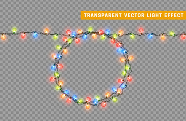 Christmas lights garlands. Festive design elements. Celebrate realistic object. Holiday Xmas Decor. New Year light effects isolated. Vector illustration.