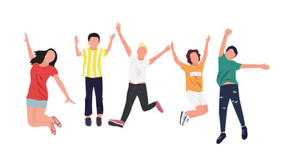 Happy children jumping up, concept of childhood, flat style, isometric people vector illustration
