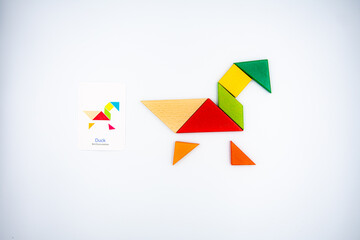 Color wood tangram puzzle in Duck shape on white background