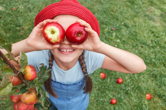 Apples for Children. Eco Organic Apple Harvest. Little girl in red hat holds two apples near the eyes on grass background. 