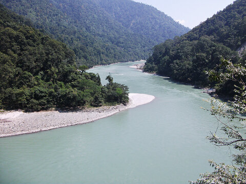 River in the mountains on a roadside near Siliguri, West Bengal, India. 