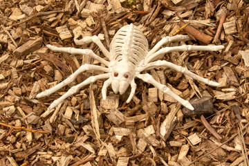 Scary Spider Skeleton on wood chips for Halloween decor backdrop