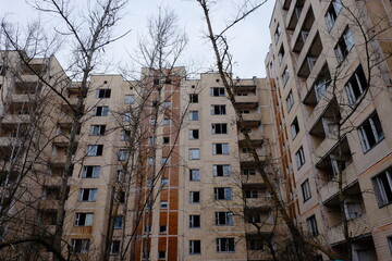 Fototapeta premium Abandoned building in Pripyat. Old buildings in the Chernobyl resettlement zone.