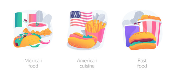 American food abstract concept vector illustration set. Mexican and american cuisine, fast food, burrito recipe, barbecue dish, homemade grill, burger and pizza, snack menu abstract metaphor.