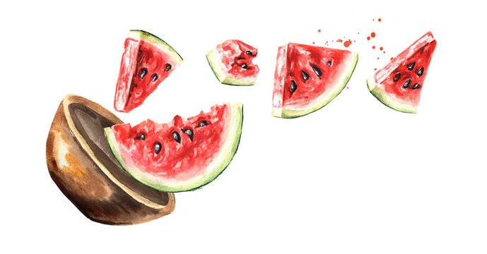 Bowl with flying pieces of ripe watermelon