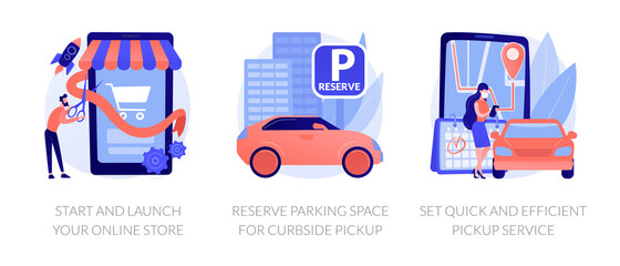 Online store pickup service abstract concept vector illustration set. Reserve parking space, curbside pickup, small business amid pandemic, grocery and essentials, employee safety abstract metaphor.