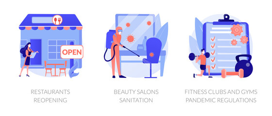 Pandemic business adaptation abstract concept vector illustration set. Restaurants reopening, beauty salons sanitation, fitness clubs and gyms pandemic regulations, distancing abstract metaphor.