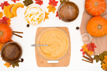 recipe and ingredients for cooking autumn pumpkin cupcakes . top view on a light background. the...